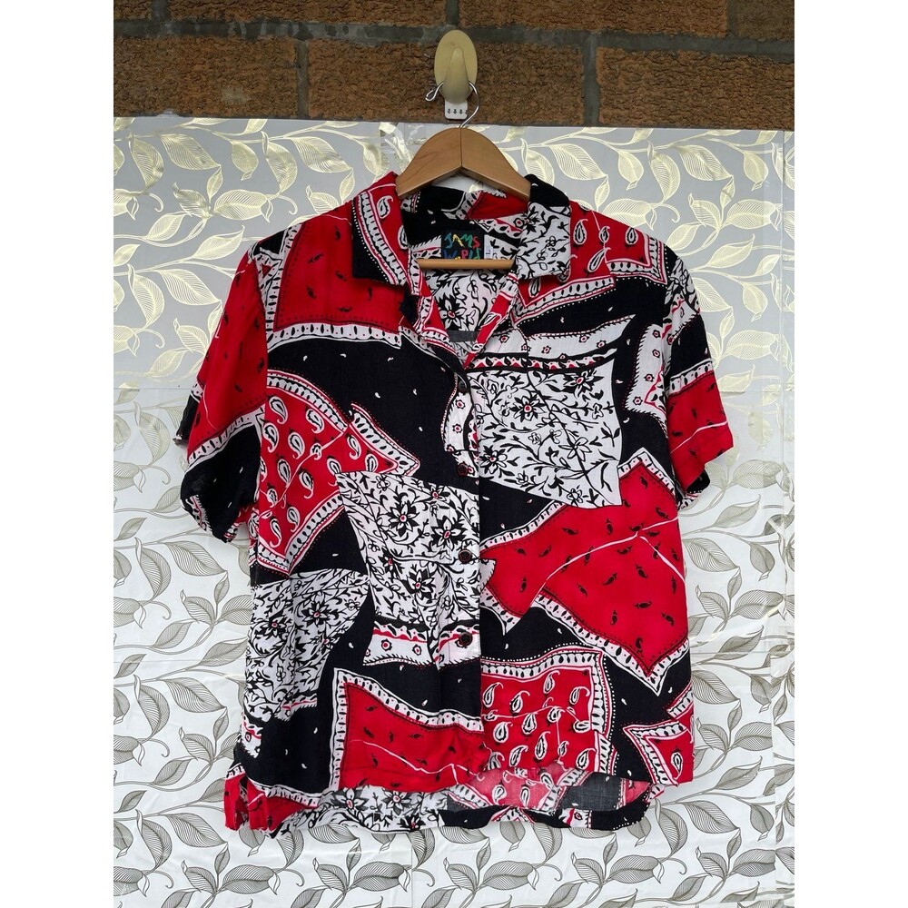 Jams World Bandana Print Rayon Shirt Large Vintage Retro Red Black Patchwork